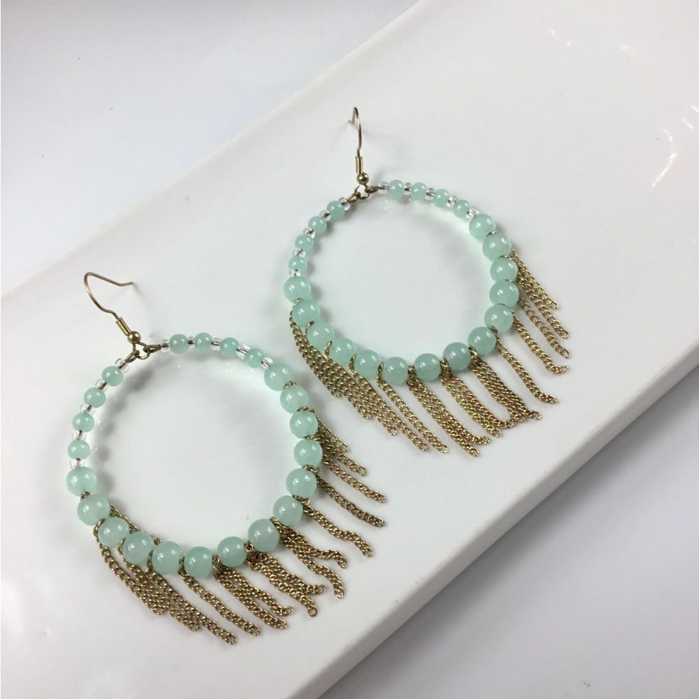 Mint Beaded Hoop Earrings with Gold Fringe